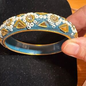 Beautiful Intricate India signed Blue and Gold Embellished Bangle